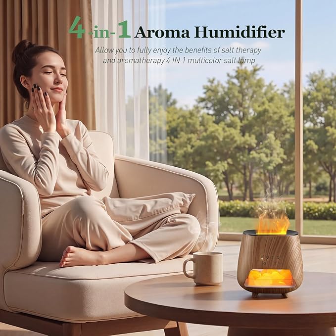 Essential Oil Diffuser for Home: 𝟒-𝐢𝐧-𝟏 Himalayan 𝐒𝐚𝐥𝐭 Lamp | Aromatherapy Diffuser with 𝟗-𝐂𝐨𝐥𝐨𝐫 Flame LED - 200ml Cool Mist Humidifier - Auto Off for Bedroom, Office & Yoga