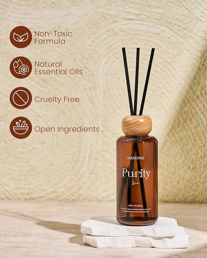 M&SENSE Reed Diffuser Set, Linen, 6.3 oz Natural Essential Oil | Non-Toxic Organic, Long-Lasting Fragrance, Ideal for Laundry Room, Bedroom, Gifts for Women