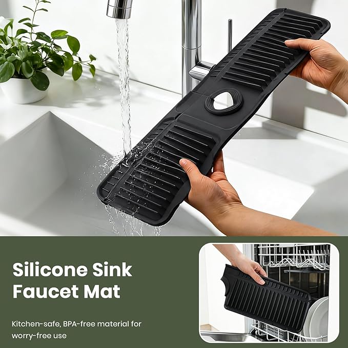 2PCS 24 Inch Faucet Mat for Kitchen Sink, Silicone Splash Guard for Kitchen Sink Area, 7° Slope Fast Self-Draining Sink Mat, Cuttable Hole Design, Sink Backsplash Guard Draining Mat, Black