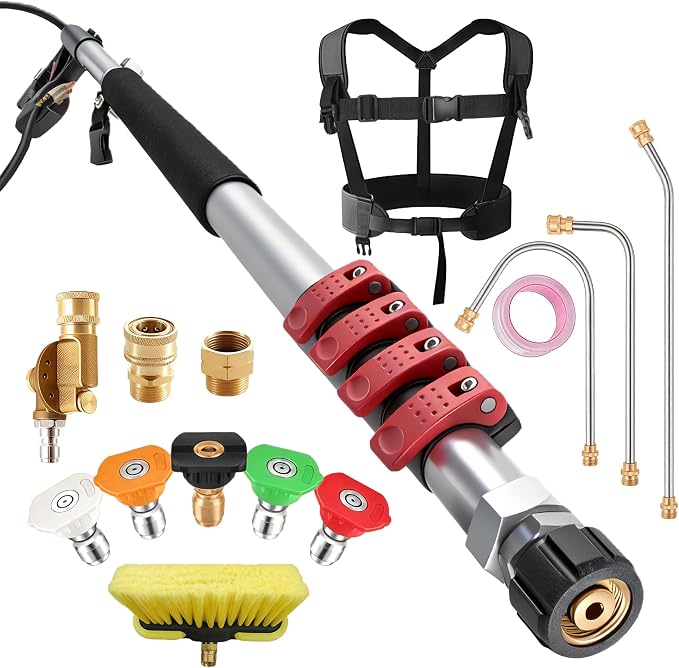 Gutter Cleaning Tools 24 FT Telescoping Pressure Washer 3 Extension Wands, Gutter Cleaner Attachment, Brush Head, 5 Spray Nozzle Tips, 3 Hose Adapters and Adjustable Support Belt