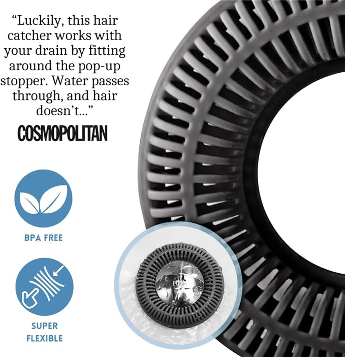 TubRing Pop-Up Drain Protector & Strainer Silicone Hair Catcher, Dark Gray | Easy snap-in design fits around bathtub stoppers. Customizable utility guard for clog prevention. Fits 1.85"- 2.16" drains.
