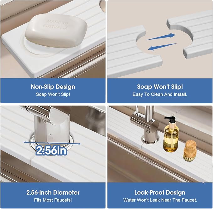 Drying Stone Faucet Mat for Kitchen Sink, 23.9 Inch Long Kitchen Sink Splash Guard Behind Faucet, Stone Drying Tray, Ultra Fast Absorbing Mat Diatomaceous Earth, Pure white