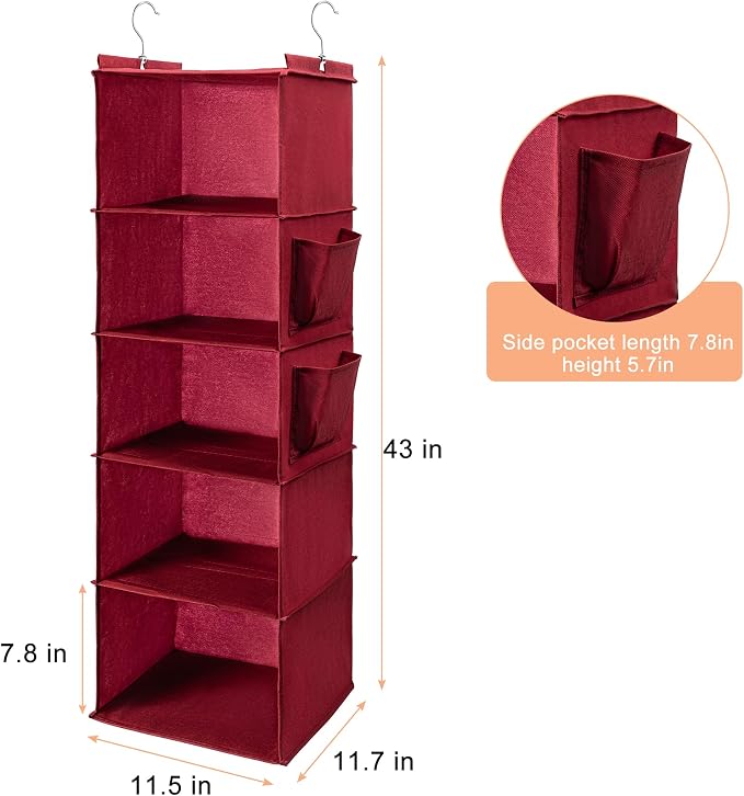 BOOMIBOO Hanging Closet Organize and Shelves,5-Hanging Shelf（Red） | with 2 Side Pockets，Storage Foldable
