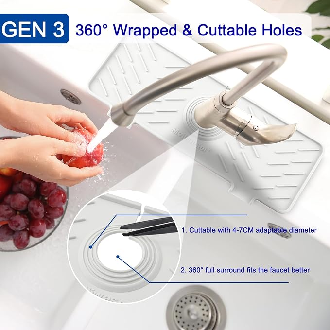 Silicone Faucet Mat for Kitchen Sink – Gen 3 10° Slope Splash Guard with Cuttable Hole – 14” x 5.5” Drip Catcher & Sponge Holder for Kitchen, Bathroom (Gray)