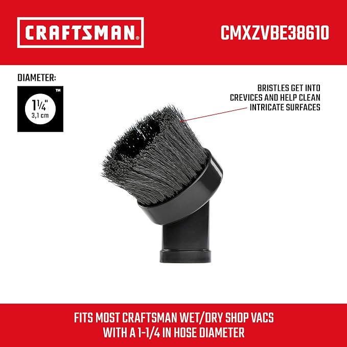 CRAFTSMAN CMXZVBE38610 1-1/4 in. Dusting Brush Wet Dry Vac Attachment | Industrial-Grade Shop Vacuum Accessory for Cleaning Stubborn Debris, Fits 1-1/4 in. Hose Diameter