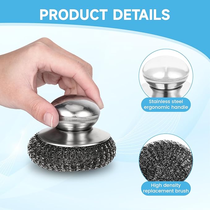 6Pcs Steel Wool Scrubber, Stainless Steel Scrubber with Handle for Cleaning Kitchen and Household Stubborn Messes from Stoves Pans Pots Grill Sink with Replacement Wire Brush Set (3 Pcs+3 Replacement)