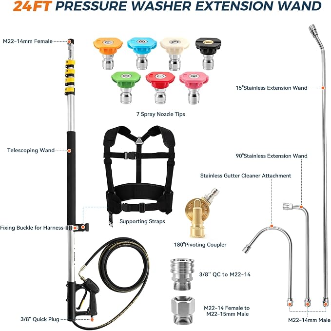 24 FT Aluminum Telescoping Pressure Washer Wand with 3 Pressure Washer Extension Wand, Gutter Cleaning tools with Power Washer Extension Wand, Gutter Cleaner Wand, 7 Pressure Washer Spray Nozzle Tips