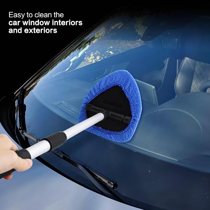 Windshield Cleaner Tool 22.5" L - Car Interior&Exterior Window Cleaning Kit with Extendable Handle&4 Microfiber Pads and Thick Large Wash Sponge, Auto Glass Wiper Brush Kit for Cars Home (7pcs Blue)