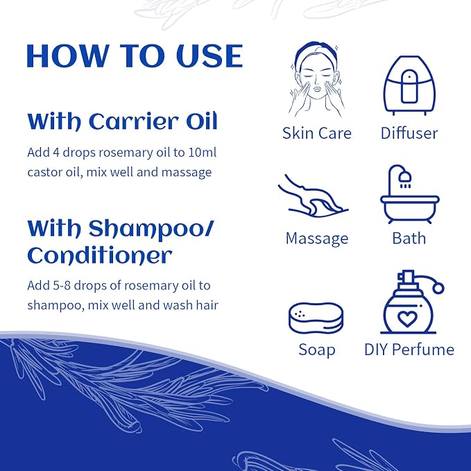 HIQILI Rosemary Oil for Hair Care, Diffuser & DIY | Extra-Large with Four Travel Vials for DIY Shampoos, Conditioners, Massage, Fresh Scent —1000ml / 32 fl oz