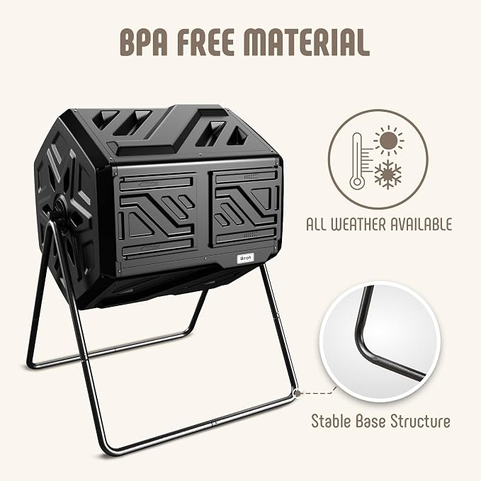 Werph 43 Gal Dual Chamber Compost Bin Tumbler for Backyard Garden, Black | Dual-chamber Design, 360° Rotating Tumbling, BPA-free Materials, Pre-assembled Parts, for Garden, Kitchen & Yard Waste