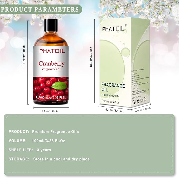 PHATOIL Cranberry Fragrance Oil for Diffuser Aromatherapy 3.38FL.OZ | Long Lasting Scented Oils For Humidifier, Air Freshener, DIY Soap Candle, Scent Project Making, Aroma Oil for Home Freshening