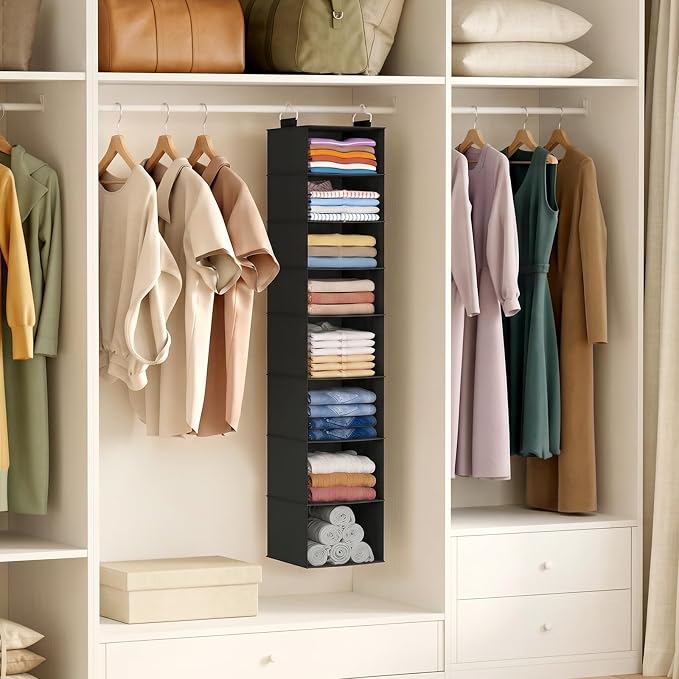 Lifewit 8 Tier Hanging Portable Closet Storage Organizer for Shelves, Gray | Foldable Clothes Shelf with 2 Sturdy Hooks, Sweater/Coat/Shoes Clothing Organization for Wardrobe, Dorm, Bedroom