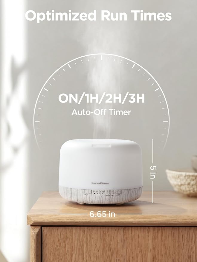 InnoGear 500ml Aromatherapy Diffuser for Home 10 Essential Oil Set, White | Gift Set, Remote Control, Automatic Shut-Off, 4 Timers, Quiet, Run up to 18hrs, Cool Mist Humidifier, Large Room, Easy to Use
