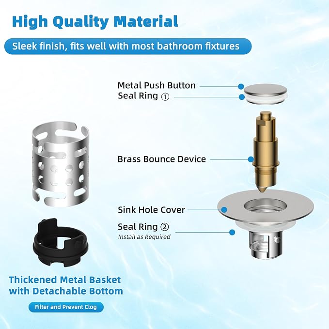 2PCS Universal Bathroom Sink Drain Strainer Hair Catcher, Brushed Nickel | Upgraded with 2-Layer Detachable Filter Basket, 4 in 1 Pop Up Drain Strainer, Anti-Clog, Fit for 1.1''~2.36'' Sinks