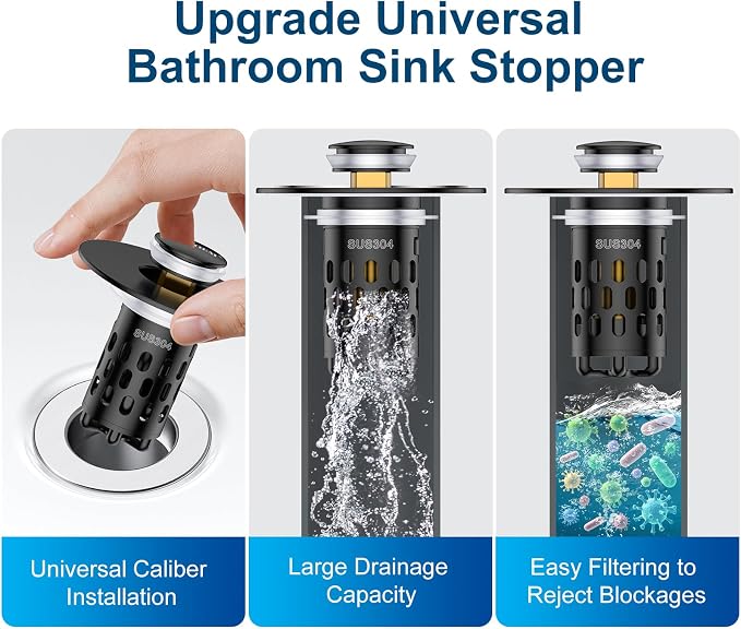 Bathroom Sink Drain Strainer,All Metal Pop-Up Sink Stopper with Removable Stainless Steel Filter Basket, Universal Bathroom Hair Catcher Fit for 1.1-2.36'' Drain (Black, 2 Pack)