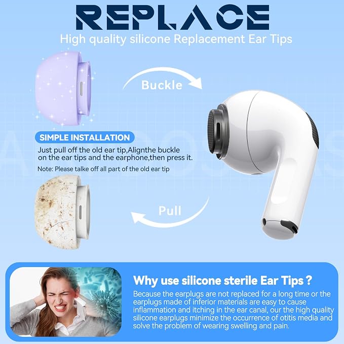 Inesore 4 Pairs Replacement Ear Tips for AirPods Pro 2nd/1st (Purple) | with Noise Reduction Hole & Built-in dust Guard Screen,Silicone,with Portable Storage Box & Cleaner Pen,4 Size (XS/S/M/L)