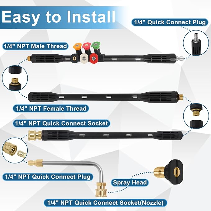 Upgraded Pressure Washer Extension Wand with 6 Tips,Up to 115in | 4000 PSI Gutter Cleaner Attachment ,1/4"Quick Connect, Leak-Resistant Ring