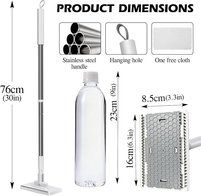 Masthome Snap Grip Mini Mop with Built-in Squeegee, Zero Touch Cloth Changing Dust Mop, 360° Swivel Head Small Mop for Walls, Bathroom Corners, Windows, Includes 1 Reusable Cloth