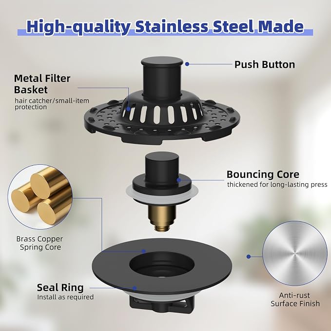 Universal Bathtub Drain Stopper Shower Drain Hair Catcher, Tub Stopper with Visible Top Strainer, Upgraded 3 in 1 Pop-up Drain Plug Fit for 1.5 to 2.4" Hole, Stainless Steel Filter Basket, Matte Black