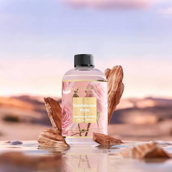 Reed Diffuser Refill Sandalwood Rose 17oz (500ml) with 8 Sticks - Premium Long-Lasting Floral Essential Oil, Home Fragrance for Bedroom, Bathroom Home Decor