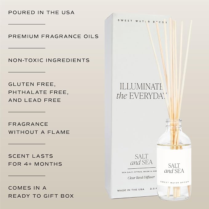 Sweet Water Decor Salt and Sea Reed Diffuser Set - Sea Salt, Citrus, Musk, and Amber Summer Scented Diffuser - Scent Diffusers for Home, Long Lasting Fragrance, Made in the USA