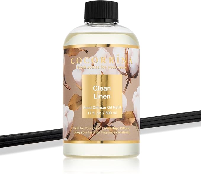 Reed Diffuser Refill Clean Linen 17oz (500ml) with 8 Rattan Sticks - Premium Long-Lasting Scented Oil, Home Fragrance for Bedroom, Bathroom Home Decor
