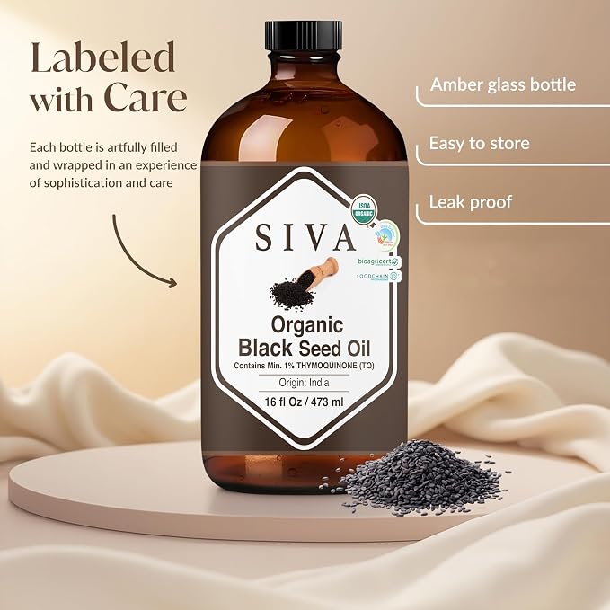 Siva Organic Black Seed Carrier Oil, Large Size, 16 Fl Oz (473 ml) | Organic Black Seed Oil for Hair Care, Hair Oiling, Scalp Massage, Skin Care, Body Massage & DIY Recipes in Glass Bottle