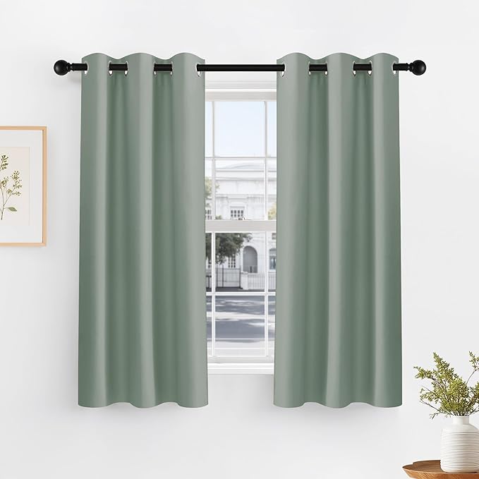 PONY DANCE Sage Green Small Curtains for Kitchen - Blackout Thermal Insulating Curtain for Bedroom Bathroom with Grommet Top, Light Green Drapes for Bedroom, Wide 42 x Long 40 inches, Set of 2