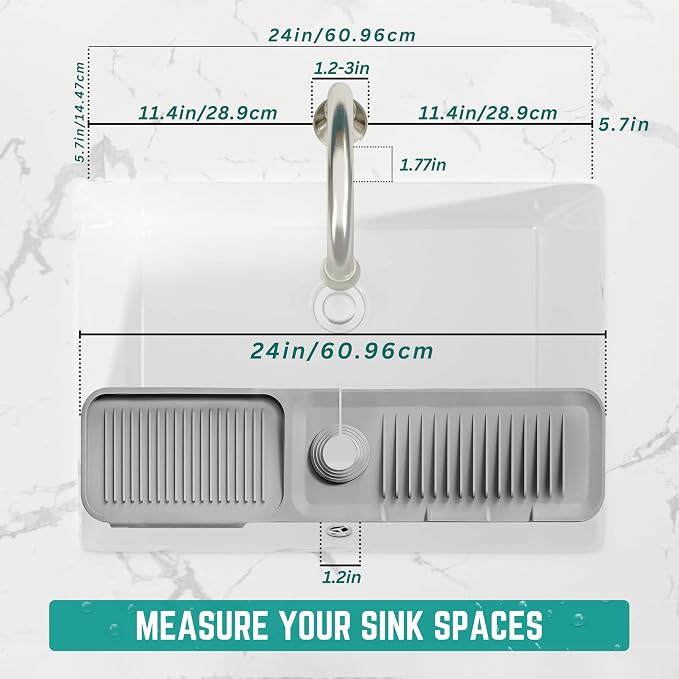 24x5.5 Inch Silicone Faucet Mat for Kitchen Sink - Kitchen Sink Splash Guard with FREE Rubber Drain Insert, Faucet Guard Draining Mat & Sink Water Splash Guard (Gray)