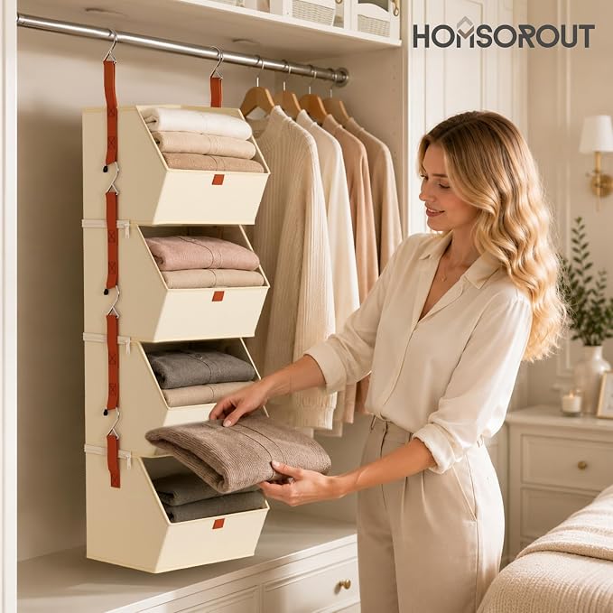 Homsorout Collapsible Hanging Closet Organizer - 6 Tier Closet Shelves Storage System with Hooks, Fabric Hanging Storage Bins for Clothes, Foldable Storage Basket for Laundry, Bedroom, Rv, Beige