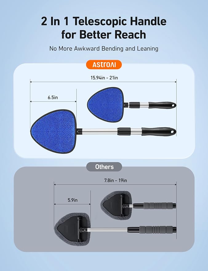 AstroAI 4pcs Windshield Cleaner Tool for Effortless Installation | Extendable Handle, 4 Reusable Microfiber Pads, Streak-free & Lint-free, Auto Glass Wiper Brush for Car & Home, Blue