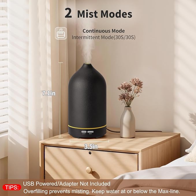URPOWER 120mL Ceramic Essential Oil Diffuser Quiet Diffusers for Home | Sleek Ceramic Design with Ultrasonic Mist, 2 Mist Modes and Ambient LED Lighting Brings Comfort to Your Daily Routine