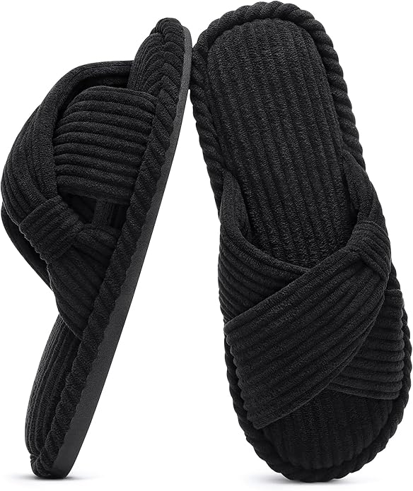 Evshine Summer House Slippers for Women Corduroy Cross Bow Indoor Slippers Open Toe Slip On Bedroom Shoes with Memory Foam