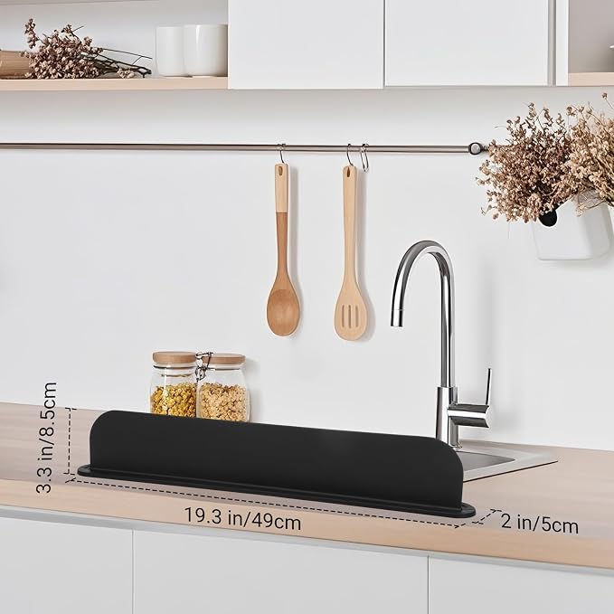 19.3 inch Sink Water Splash Guard, Silicone Sink Splash Guard, Backsplash Protector for Kitchen Countertop & Bathroom Bathtub with Non-Slip Strong Suction, Black, Pack of 2