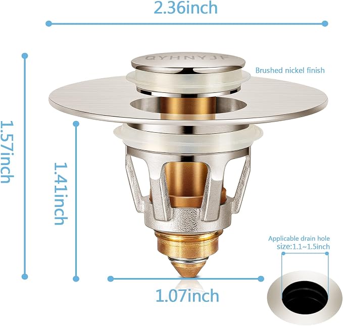 QYHNYJF Bathroom Sink Stoppers Brushed Nickel – Pop Up Drain Stopper & Strainer, 2-in-1 Universal Sink Stopper for 1.1" to 1.5" Bathroom Sink Drain Pipes, Brushed Nickel Finish