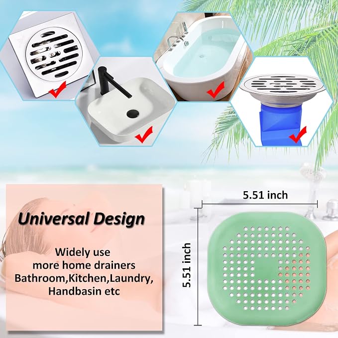 Bovinde Hair Drain Catcher,Square Cover for Shower 2 Pack (Green) | Drainer Cover Silicone Hair Stopper with Suction Cups,Protector Accessories,Easy to Install Suit for Bathroom,Bathtub,Sink