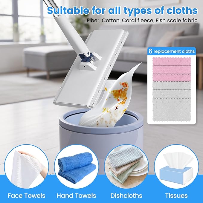 Snap Grip Mini Mop with 6 Washable Pads, Zero-Touch Flat Floor Mop for Wall | Lazy Dry Wet Mops with 47" Handle, Dust Mop Household Items for Floor Cleaning Window Ceiling Home Kitchen Bathroom