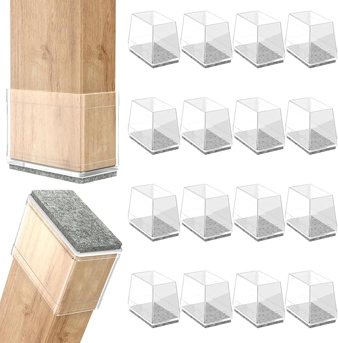 Rectangle Chair Leg Protectors for Hardwood Floors,16 PCS Silicone Covers to Protect Wood Tile Floors Felt Pads Furniture Leg Caps Reduce Noise. Easy to Move. (Clear,0.75 x 2 Inch, Rectangular)