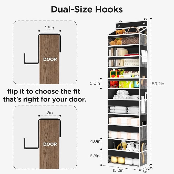6 Tiers Over The Door Organizer, Behind The Door Storage Hanging Shelves | Heavy Duty Hanging Organizer Storage with Large Capacity Pockets for Closet Wall Bathroom Bedroom Nursery Pantry, 1 Black