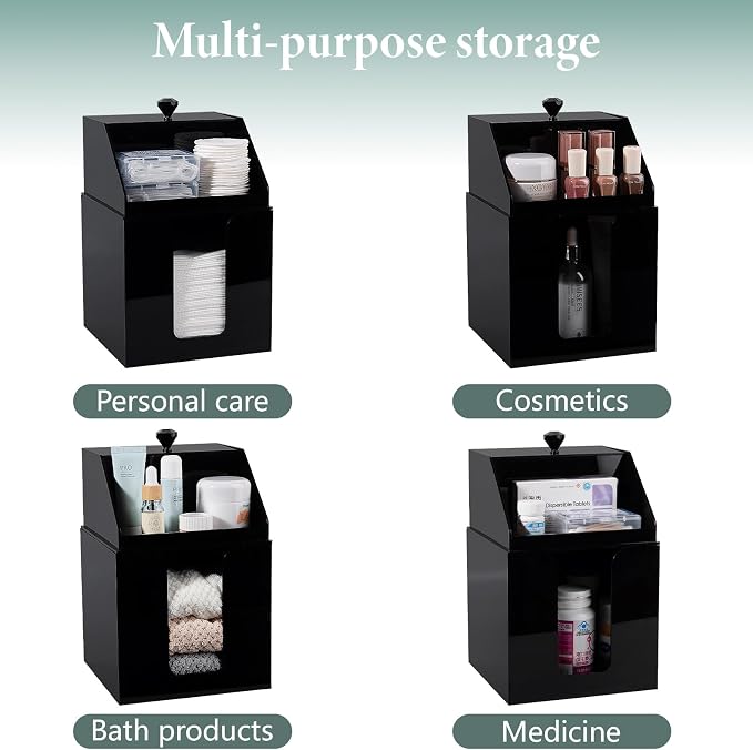 Anyoifax Disposable Facial Towels Storage Double Layer Acrylic Box, Black | Face Towelettes Holder with Clean Skin Club Clean Towel XL Cotton Pads Container Qtip Bin for Bathroom Counter