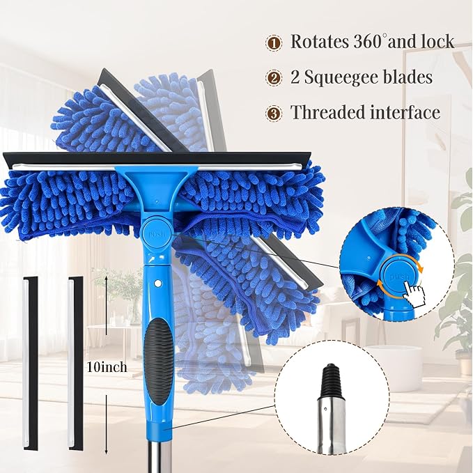 67" Window Squeegee for Window Cleaning with Extension Pole, 3-in-1 | Rotatable Lock Design,Stainless, Professional Window Cleaner Tool Kit for Indoor Outdoor High Windows,Car Glass,Shower Doors
