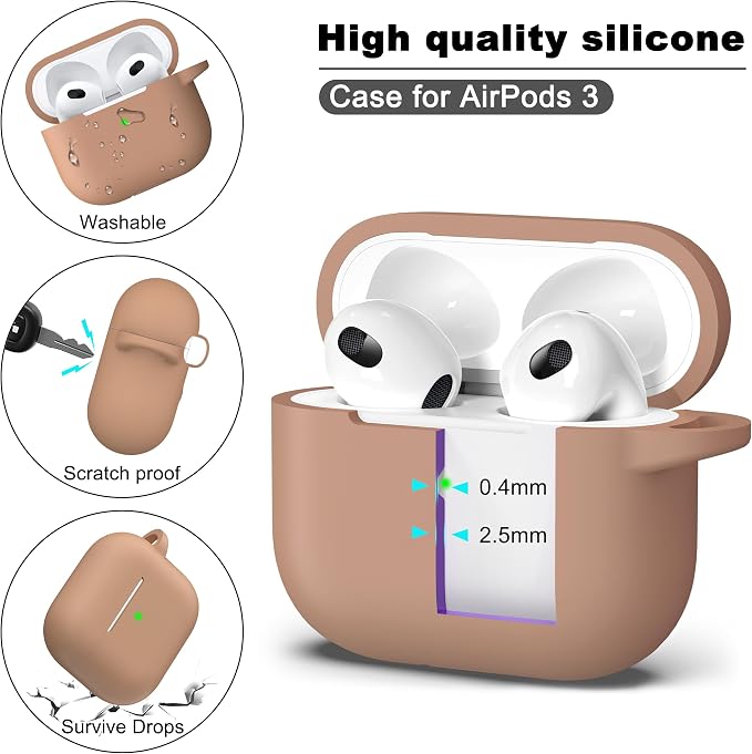 R-fun Compatible with AirPods 3 Case Cover, Silicone Protective Accessories Skin with Keychain Compatible with Apple AirPod 3rd Generation 2021 for Women Men Girls Boys,Front LED Visible,Milk Tea