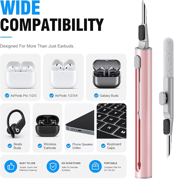 Hyashee Cleaner Kit for Airpods Pro 1 2 3 Multi-Function Cleaning Pen with Soft Brush Flocking Sponge for Bluetooth Earphones Case Cleaning Tools (Pink)