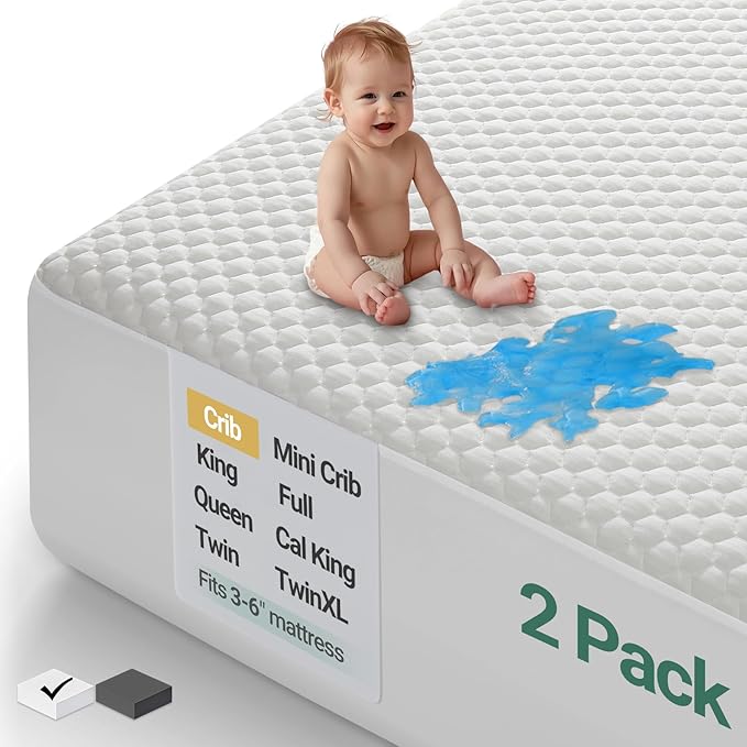 OhGeni 100% Waterproof Mattress Protector, Crib Size-2 Pack Mattress Pad, Fits 3"-6" Mattresses with Deep Pocket, Cooling, Breathable Fitted Sheets, Soft Bed Cover, Noiseless, Machine Washable