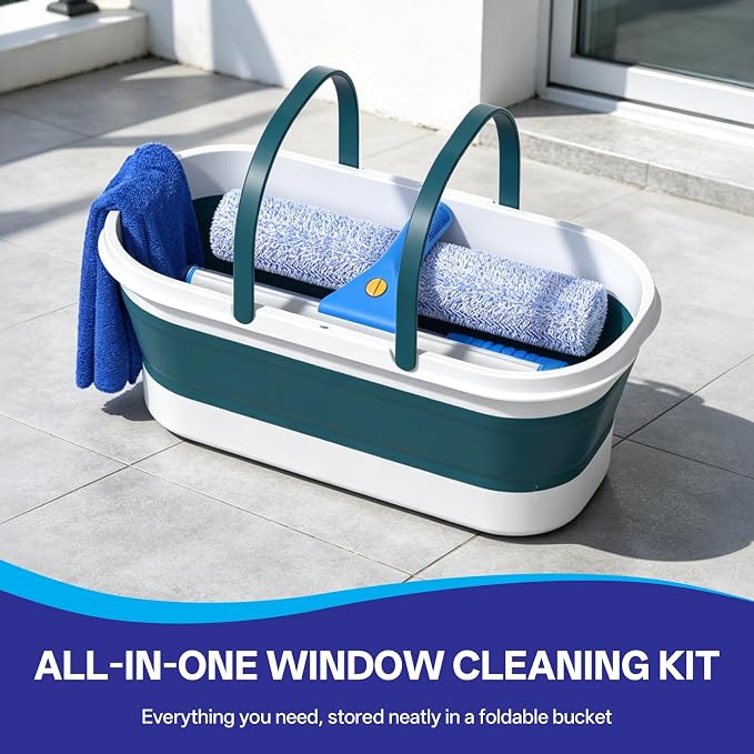 Professional Window Glass Cleaning Kit with 14" Window Squeegee & 15" Scrubber, 3 Gallon Collapsible Bucket, 76 Inch Spliced Pole Complete Glass Washing Tools for Indoor Outdoor Home Car Cleaning
