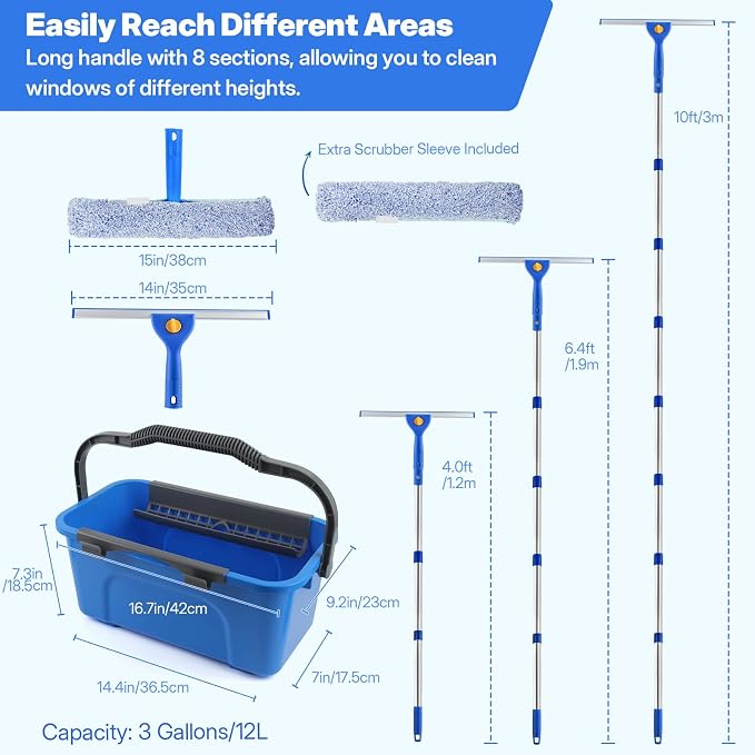10Ft Professional Window Cleaning Kit with Bucket for Home & Commercial | 120" High Window Squeegee, Microfiber Scrubber, 3 Gal Bucket, Window Cleaning Equipment Washing Kit, Cleaner Tool for Outdoor