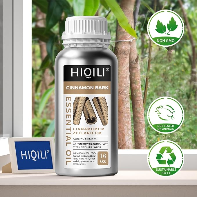 HIQILI Cinnamon Bark Essential Oil for Versatile DIY, Diffuser & Skin | Brings Calming Stress Relief, Gentle Household Barrier, Soothing Massage Comfort & Air Freshening - 500ml / 16 fl oz