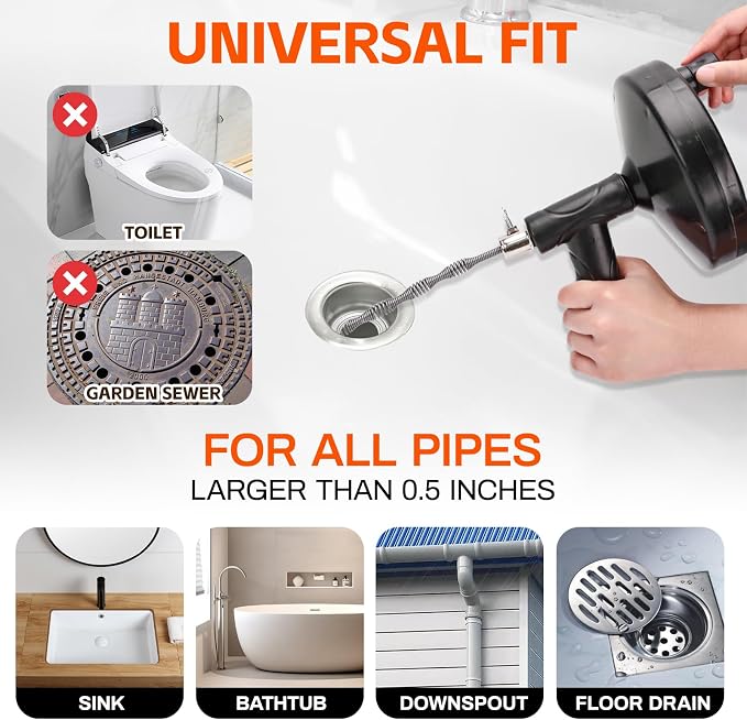 Drain Snake 25 Ft, Drain Auger Hair Clog Remover Heavy Duty Flexible Plumbing Snake Bathroom Kitchen Sink Cleaner Tools for Shower Bathtub Pipe