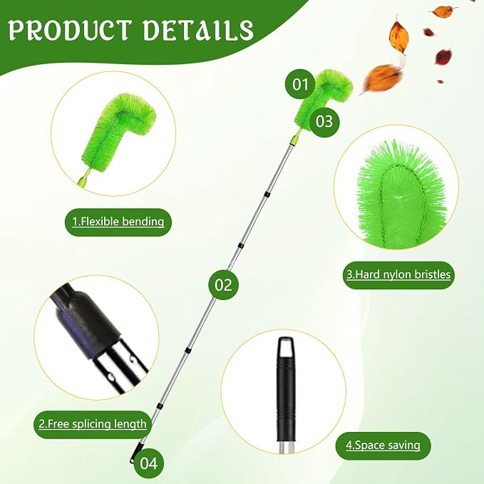 Gutter Cleaning Brush Extendable Guard Cleaner Tool with 8 Pcs Telescoping Handle Extension Pole 10ft, Gutter Cleaning Tools from The Ground for Easy Removing Leaves Debris Window Cleaner (Green)