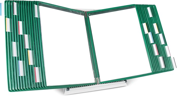 Tarifold Desktop Reference Display System, 30 Pockets, Expandable, Green | 30 double-sided PVC pockets, holds 60 letter-size sheets, sturdy metal base, quick-find indexing, quick and easy to assemble